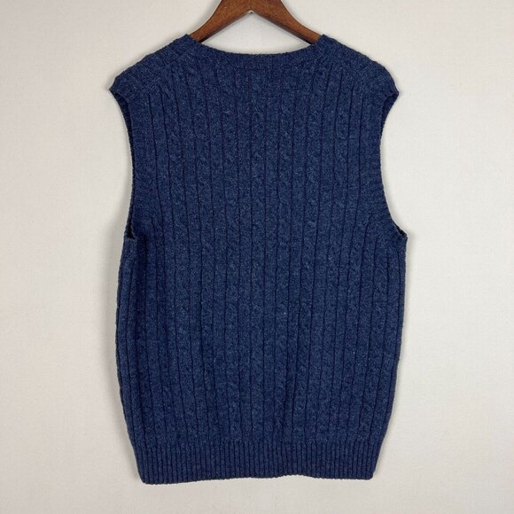 LL Bean Lambswool Sweater Vest Mens Large Tall LT Blue Cable Knit V Neck Classic - Picture 5 of 7
